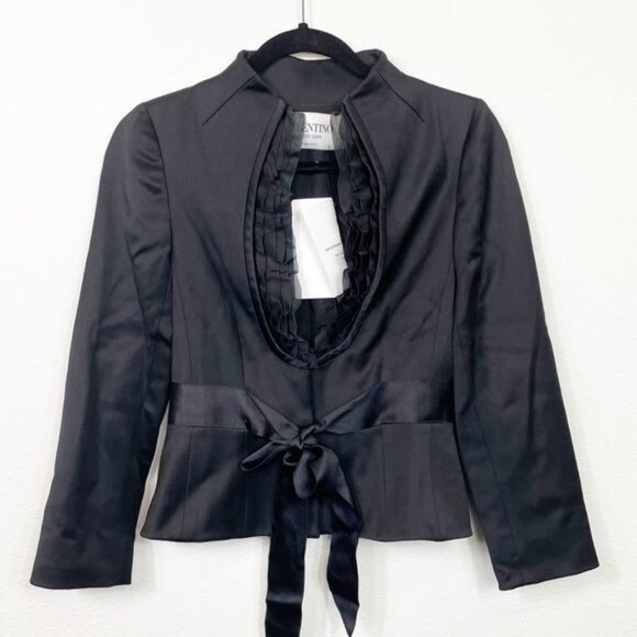 Valentino Hiver 2008 Black Evening Blazer Jacket Ruffled Neckline Satin Tie Sz 4 - Picture 2 of 10